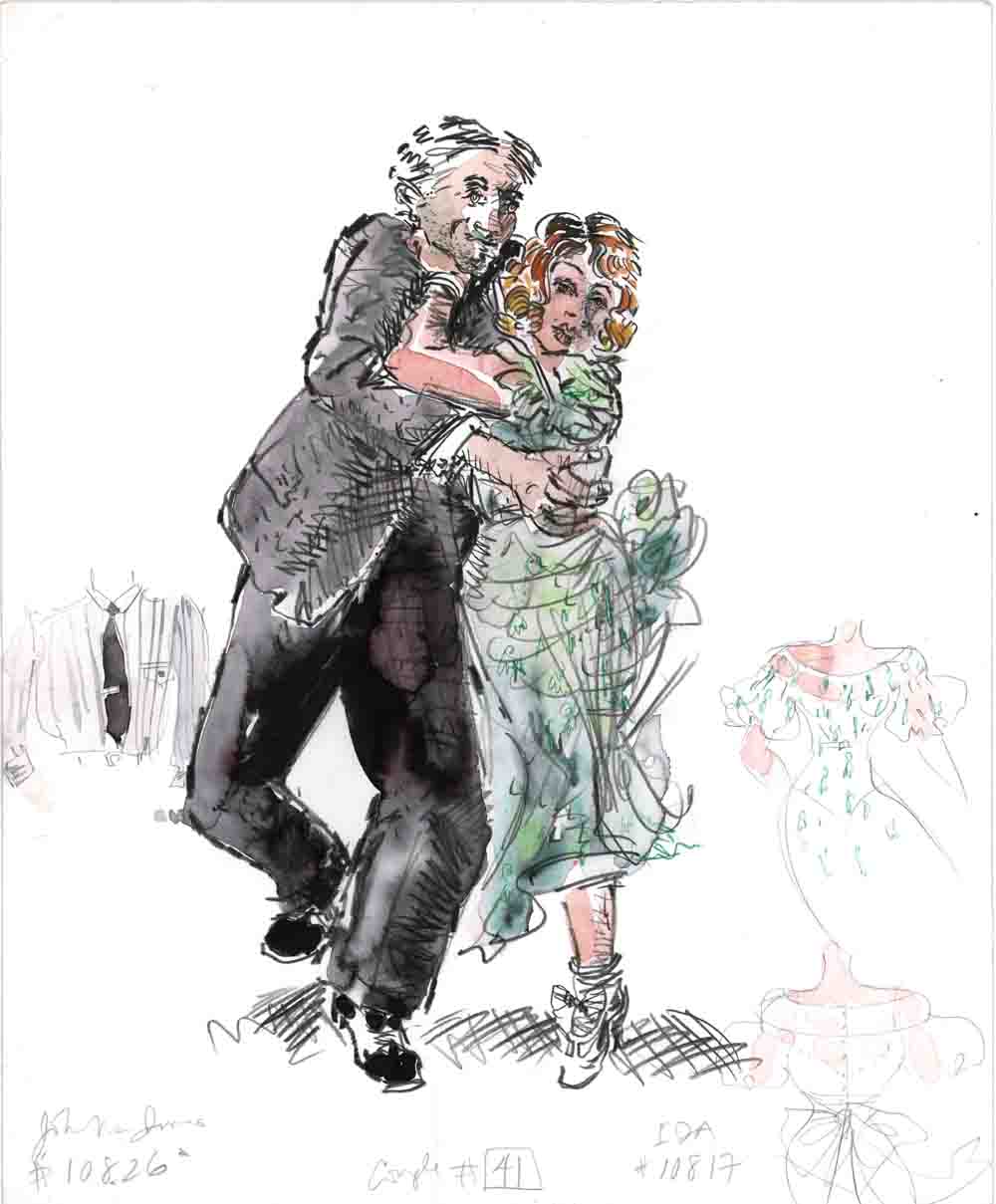 Sketch for Adam Petty and Elizabeth Mills as Couple 30 after drawings by Reginald Marsh, Steel Pier, Graphite/ Watercolor/ Gouache on Bristol board, 14 x 17 inches